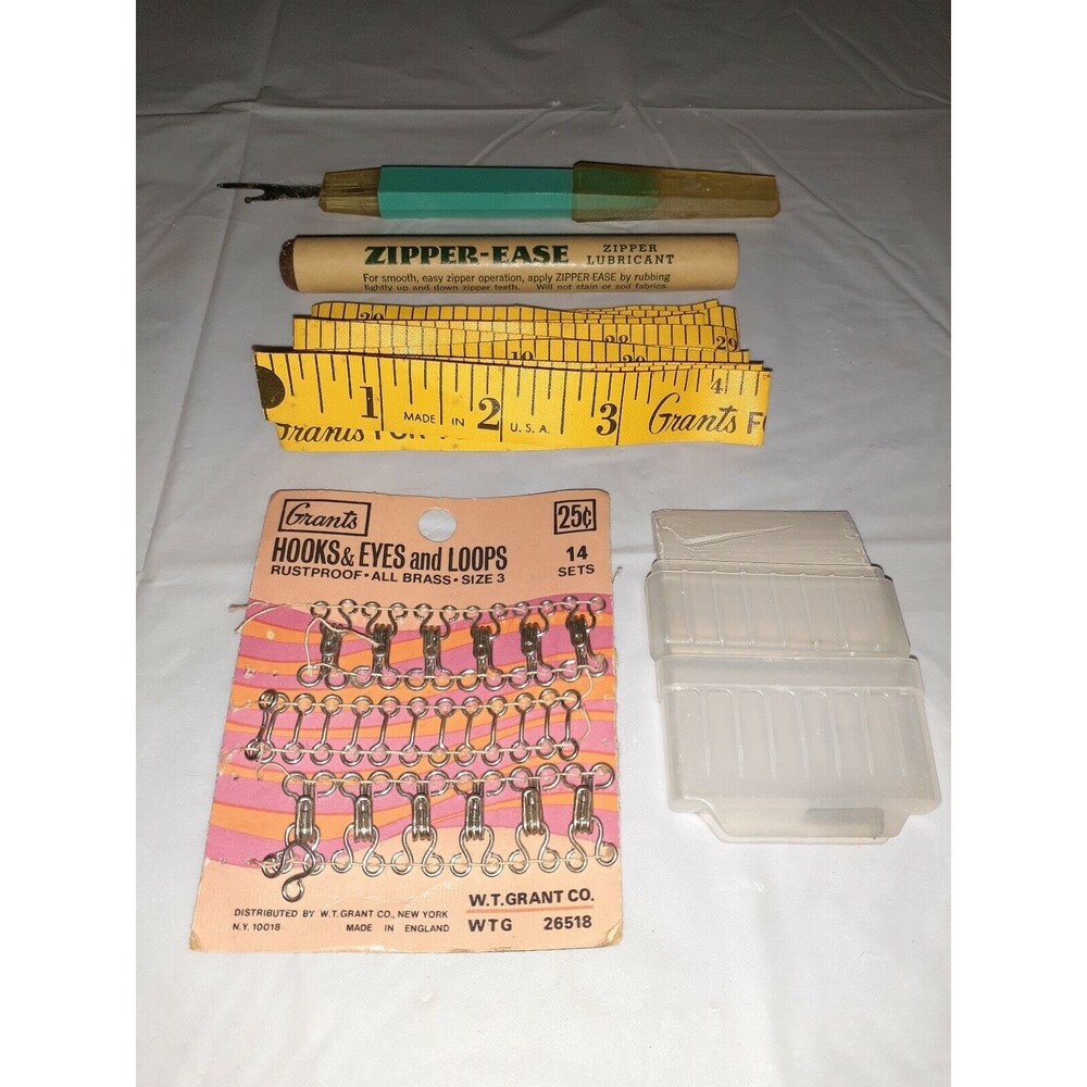 Vintage Sewing Notions Assortment 14 Pieces Patches Zippers Tools